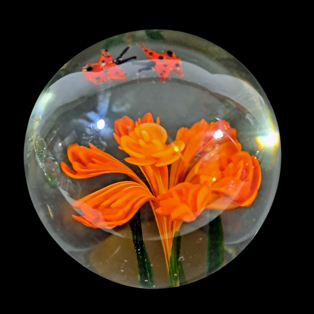 Vintage Glass Paperweight Orange Floral With Butterflies Round